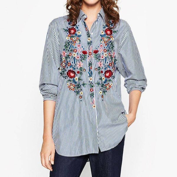 Women Floral Embroidered Casual Blouse Autumn Long Sleeve Striped Shirt Floral Tops Fashion (US 10-16W) on Sale