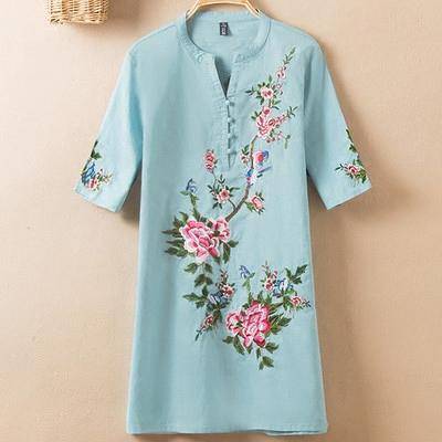 Plus Size - US (10-20W)  Embroidery Vintage Print Floral Linen Blouses, Short Sleeve V-Neck Shirt, Plus size Online Sale