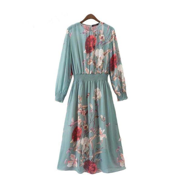 Elastic Wasit Vintage Print Floral Flower Long Sleeve Green Dress New ZA Design Casual Brief Party Evening Vestidos Streetwear (US 12-16W) Hot on Sale