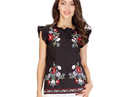 Black Sweet ruffles floral embroidery sleeveless shirts Sale