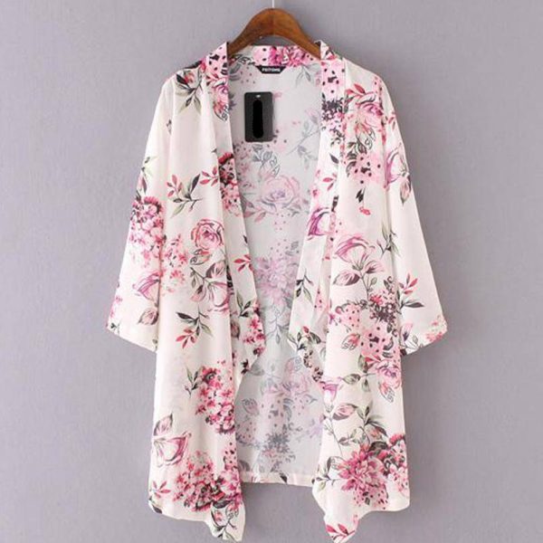 Beachwear Cardigans Floral Print Chiffon Long Kimono (US 4-8) Online Sale