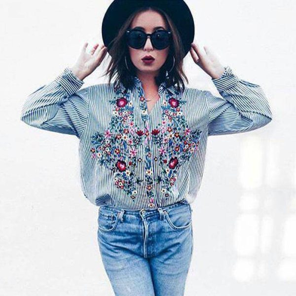 Women Floral Embroidered Casual Blouse Autumn Long Sleeve Striped Shirt Floral Tops Fashion (US 10-16W) on Sale