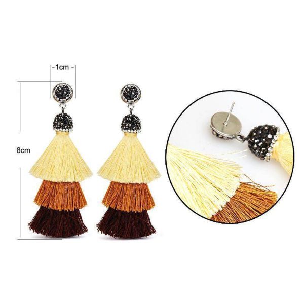 New Bohemia Three Layers Crystal Silk CottonTassel Earrings Long Pink Black Drop Earrings For Women Trendy Jewelry on Sale