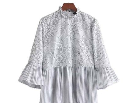 Sweet lace patchwork floral striped shirt flare sleeve ruffled collar blouse pleated (US 2-10) on Sale