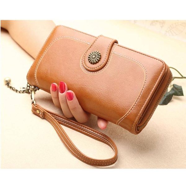 Wallets for Women Clutch Purses iPhone, Vintage Oil Wax Leather Wallets Long Purse Phone Pouch Zipper Online now