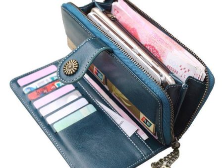 Wallets for Women Clutch Purses iPhone, Vintage Oil Wax Leather Wallets Long Purse Phone Pouch Zipper Online now