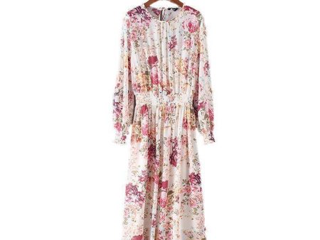 women sweet floral chiffon dress two pieces set elastic waist long sleeve ladies casual mid calf dresses vestidos QZ3049 (US 6-16) For Discount