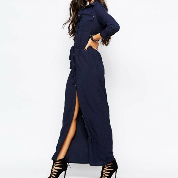 Women Long Sleeve Maxi Dress Spring New Fashion Collar Buttons Long Shirt Dresses Open Slit Women Casual Dress Green Blue (US 10-18W) Online Hot Sale