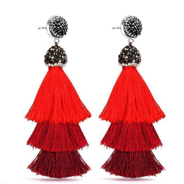 New Bohemia Three Layers Crystal Silk CottonTassel Earrings Long Pink Black Drop Earrings For Women Trendy Jewelry on Sale