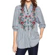 Women Floral Embroidered Casual Blouse Autumn Long Sleeve Striped Shirt Floral Tops Fashion (US 10-16W) on Sale