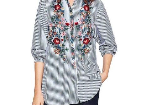 Women Floral Embroidered Casual Blouse Autumn Long Sleeve Striped Shirt Floral Tops Fashion (US 10-16W) on Sale