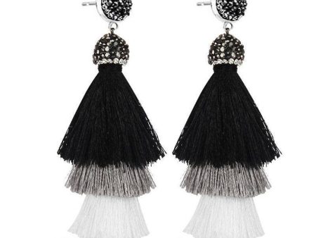 New Bohemia Three Layers Crystal Silk CottonTassel Earrings Long Pink Black Drop Earrings For Women Trendy Jewelry on Sale