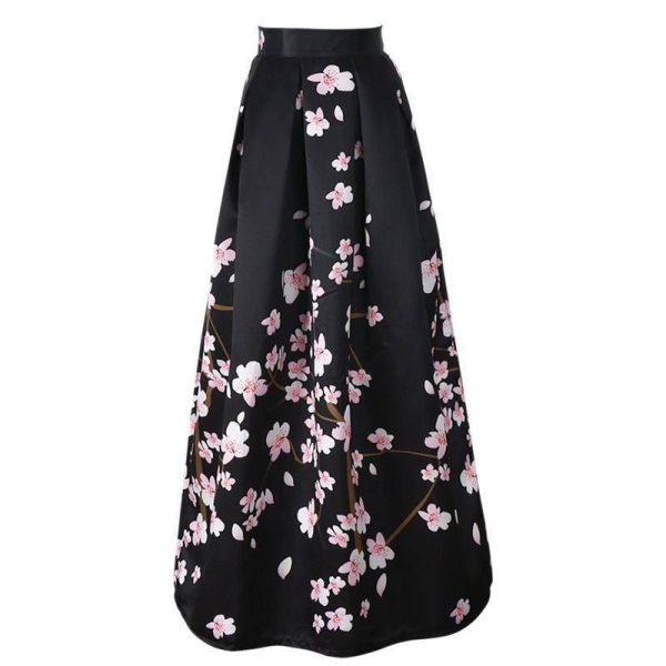 New Satin Women 100cm High Waist Flared Maxi Skirts Peach Blossom Printed Pleated Floor Length Long Skirts Saias SP041 For Discount