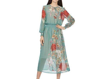 Elastic Wasit Vintage Print Floral Flower Long Sleeve Green Dress New ZA Design Casual Brief Party Evening Vestidos Streetwear (US 12-16W) Hot on Sale