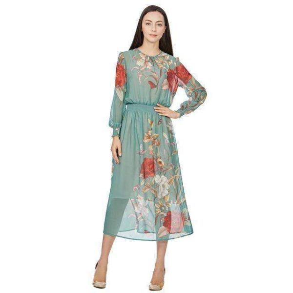 Elastic Wasit Vintage Print Floral Flower Long Sleeve Green Dress New ZA Design Casual Brief Party Evening Vestidos Streetwear (US 12-16W) Hot on Sale