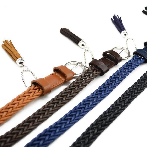 105cm Retro student knitted leather belts for women casual white tassels woven belts and straps female thin belt Cheap