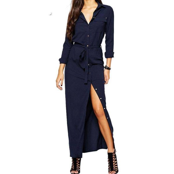 Women Long Sleeve Maxi Dress Spring New Fashion Collar Buttons Long Shirt Dresses Open Slit Women Casual Dress Green Blue (US 10-18W) Online Hot Sale