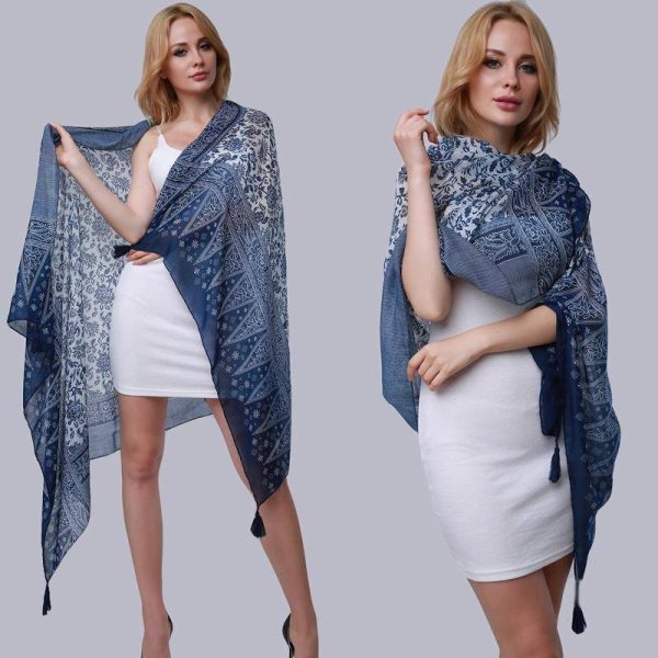 Summer Blue and White Porcelain Print Tassel Wraps Pashmina Scarf Shawls 175 x 100cm For Discount