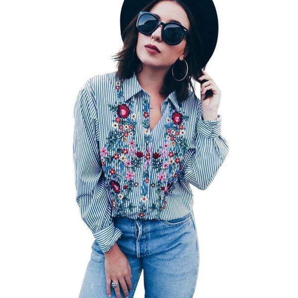 Women Floral Embroidered Casual Blouse Autumn Long Sleeve Striped Shirt Floral Tops Fashion (US 10-16W) on Sale