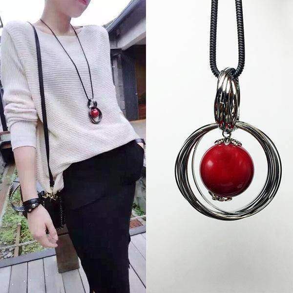 Long Pendant Necklace, Red Beads Circle Sweater Chain on Sale