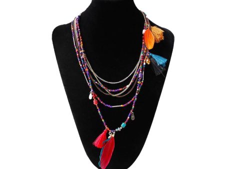 Bohemian  Necklaces Handmade Multilayered Beads Long Feather Tassel Supply