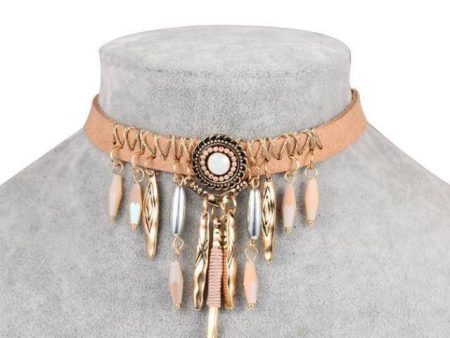 Bohemian Tassel Choker Necklace with Brown Leather Chain Discount