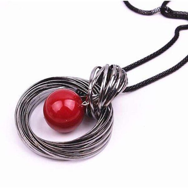 Long Pendant Necklace, Red Beads Circle Sweater Chain on Sale