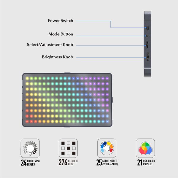 RGB LED Light Panel, 276LEDs, 24 Brightness Settings, 25 Color Temperatures, 21 RGB Color Presets Online now