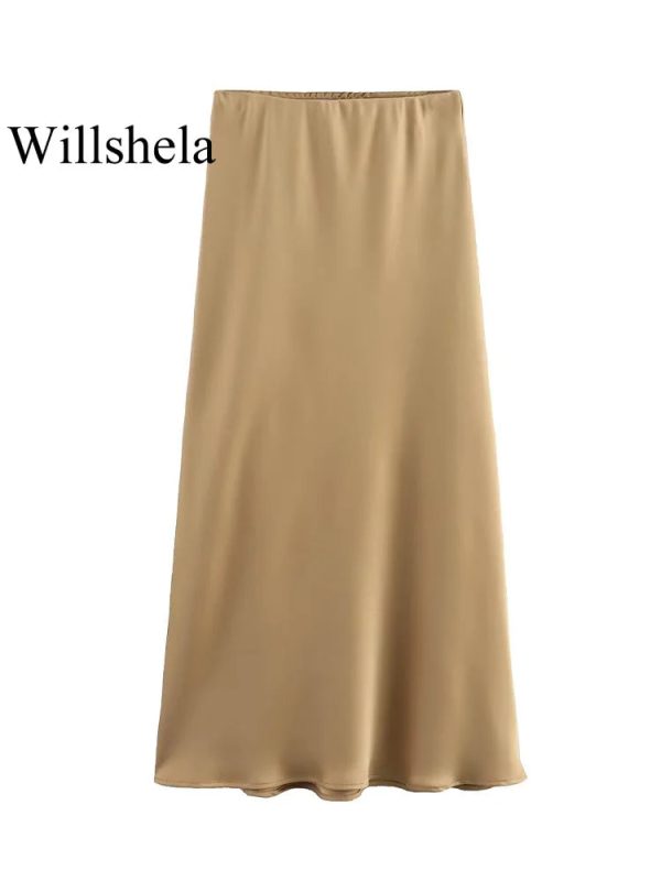 Women Fashion Satin Solid Pleated Midi Skirt Vintage Mid Elastic Waist Female Chic Lady Skirts Sale