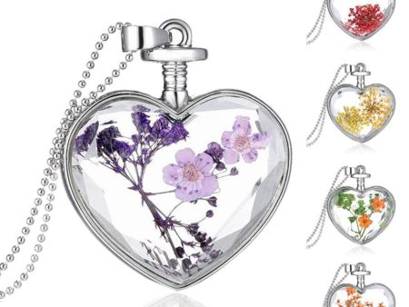 Dried Flowers Vintage Long Chain Crystal Heart Pendant Necklace Online Sale