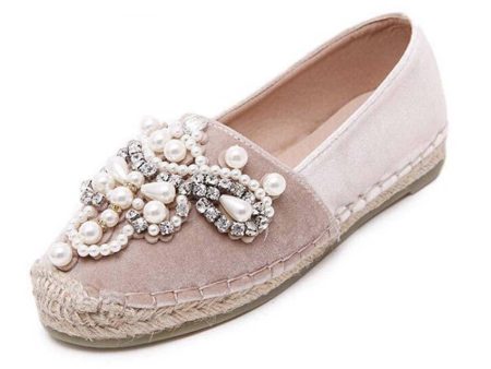 Spring Faux Pearl loafers Rhinestone hemp straw flat For Cheap